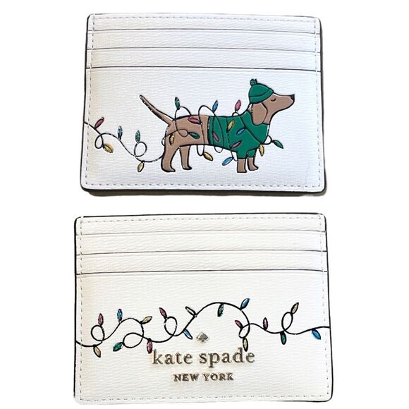 Kate Spade Small Slim Claude Dachshund Christmas Lights Card Case Wallet Cream - Picture 1 of 6